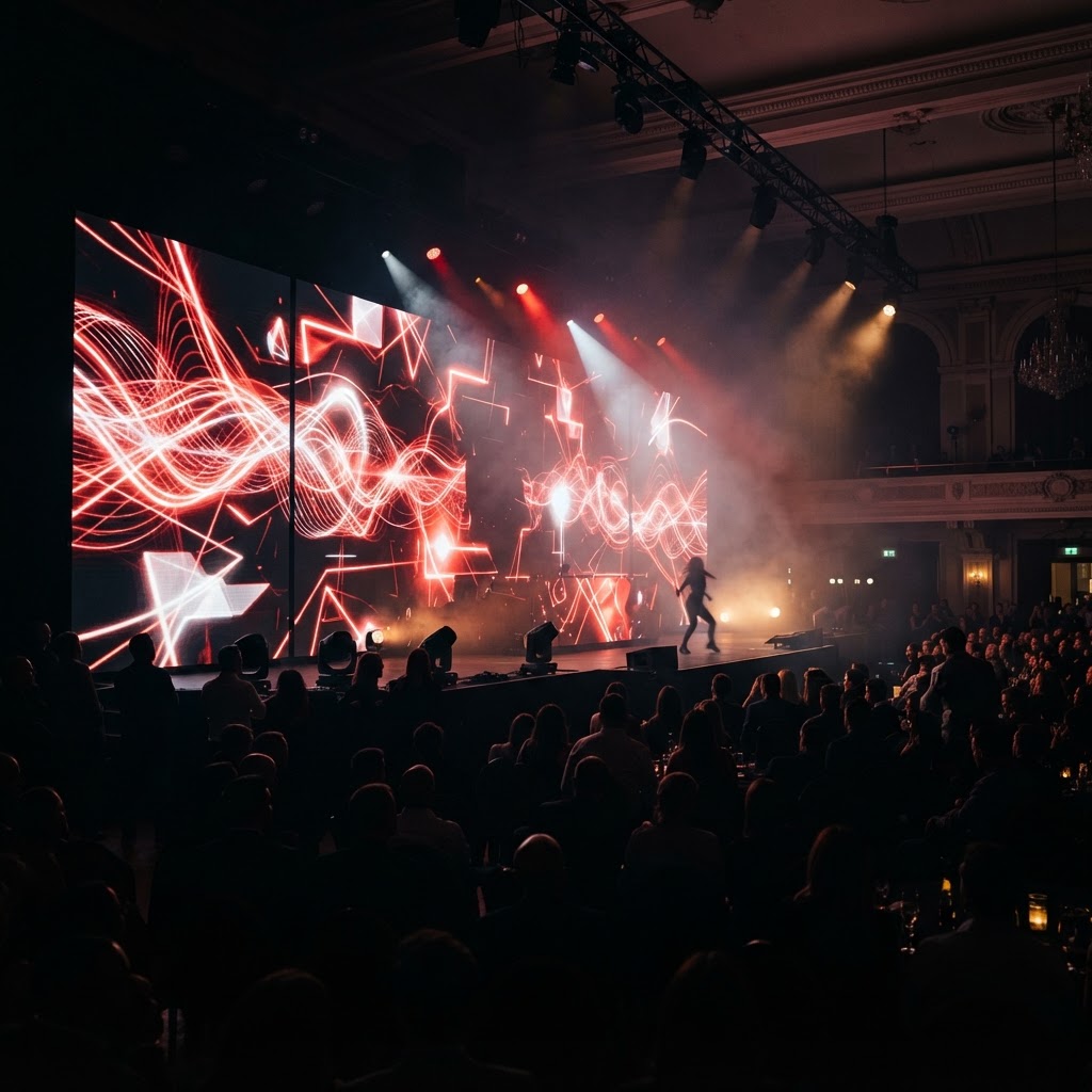 Custom-built LED video wall behind a stage at a Los Angeles event