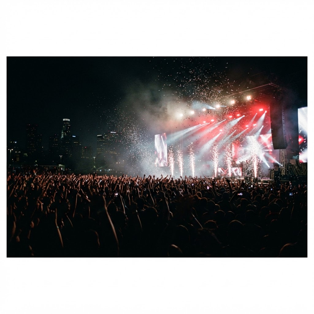 Wide crowd shot at a Los Angeles event with lights, haze, and confetti over the dance floor